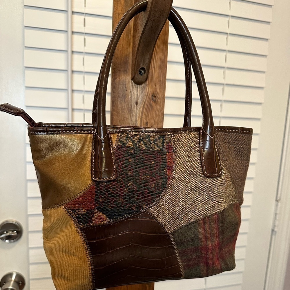 Womens Patchwork Handbag Small Corduroy Plaid Faux Leather Hobo Boho Zip Pockets - Picture 10 of 10